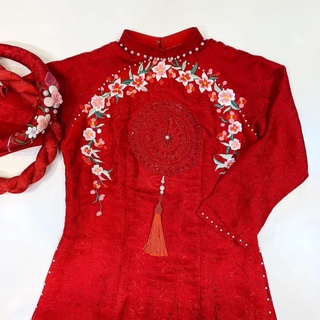 ÁO DÀI LỤA GẤM ĐỎ THÊU ĐÍNH HOA KÈM QUẦN, ÁO DÀI TRUYỀN THỐNG