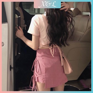 [X&L] Bộ đồ thời trang   áo thun in hình tay ngắn   chân váy kẻ caro   bộ đồ nữ hàn quốc hai dây