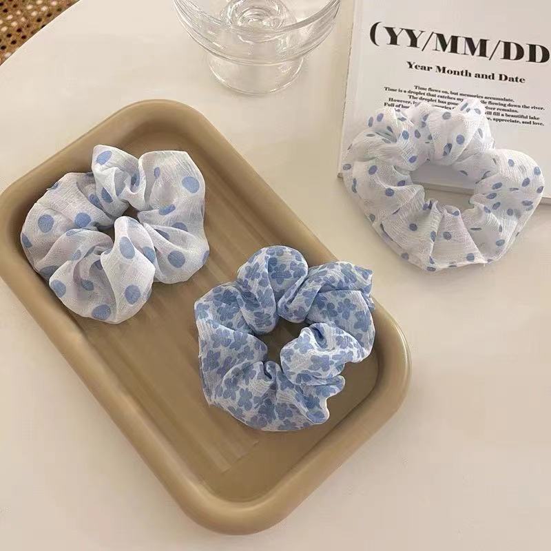 Dây Buộc Tóc Bản Lớn Họa Tiết Chấm Bi/Hoa/Kẻ Sọc Caro Màu Trắng/Xanh Dương Phong Cách Hàn Quốc Mới