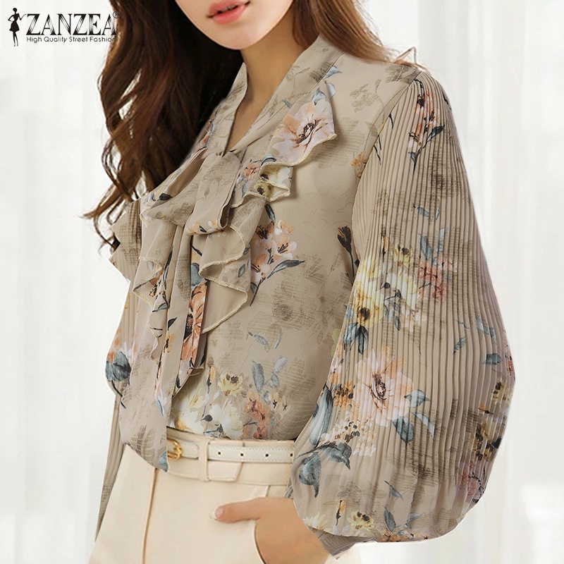 Áo kiểu ZANZEA tay dài xếp ly cổ V phối dây buộc in họa tiết hoa phong cách retro thời trang cho nữ