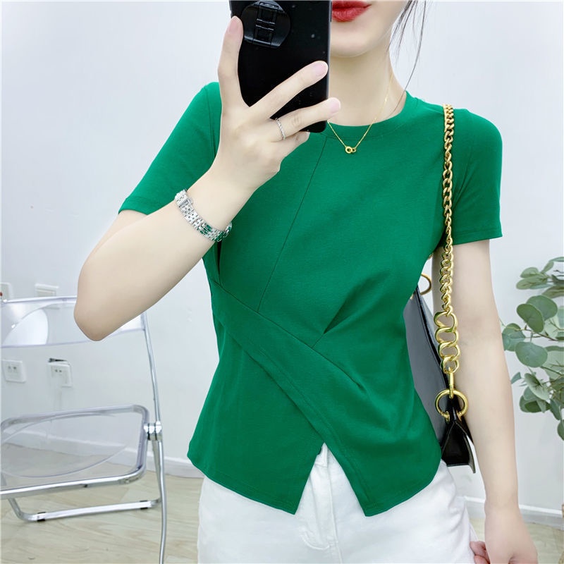 Áo Thun Cổ Tròn Tay Ngắn Xẻ Tà Thời Trang Dành Cho Nữ Có Size Lớn