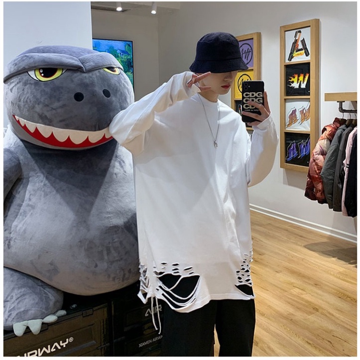 Áo thun dài tay 95% cotton rách gấu tạo layer màu basic hip hop unisex nam nữ