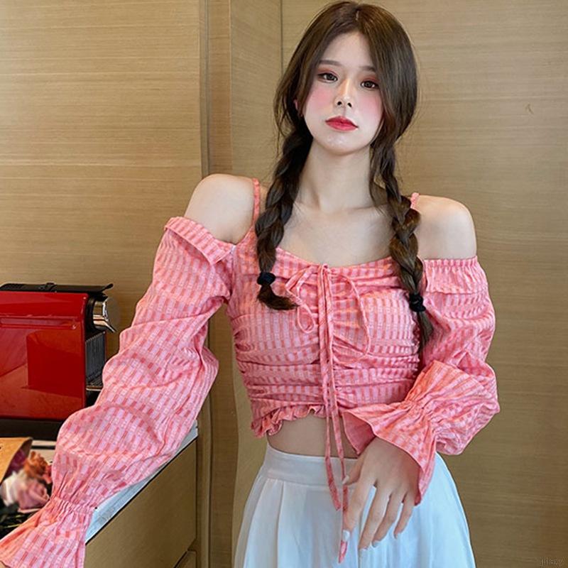 Áo Ren Lửng Tay Dài Trễ Vai Quyến Rũ Phong Cách Retro Hàn Quốc