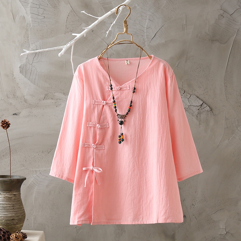 Áo Thun 100% Cotton / Linen Tay Lửng Thấm Hút Mồ Hôi Thoáng Khí Thoải Mái Phối Hàng Nút Phong Cách Dân Tộc 2020 Cho Nữ