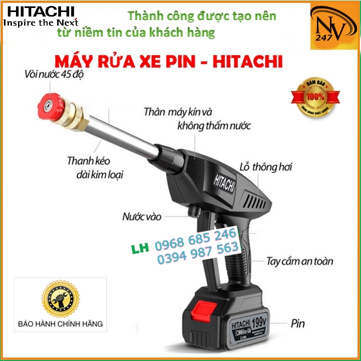 Máy Rửa Xe Pin HITACHI 199V, Rửa Xe-Phun Cây Cảnh, Xịt Rửa Điều Hòa Tiện Lợi