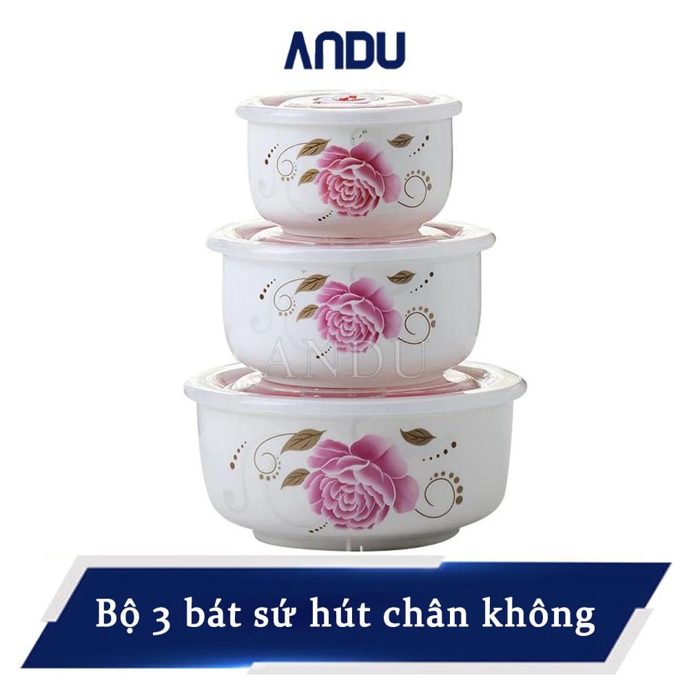 Bộ 3 Bát Sứ Có Nắp Đậy Hút Chân Không Cao Cấp