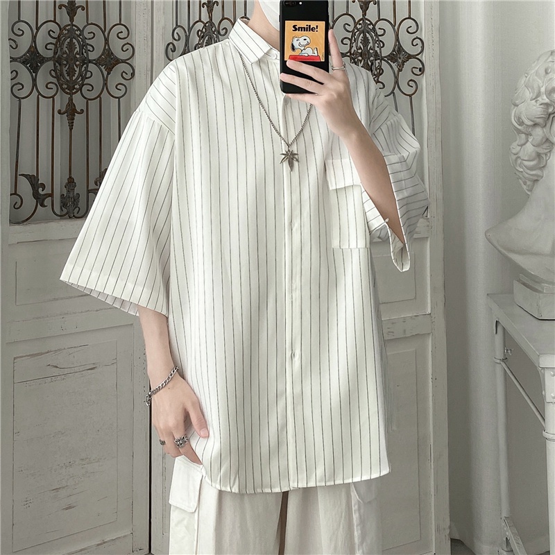 Áo Sơ Mi Tay Ngắn Dáng Rộng Họa Tiết Kẻ Sọc Thời Trang Mùa Hè Cho Nam Size M-3XL