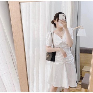 ĐẦM TRẮNG CỔ V NHÚN THÂN
