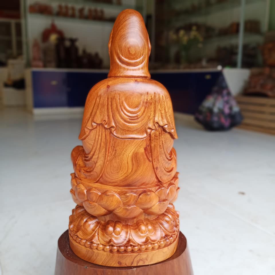 Tượng Phật Quan Âm Ngồi Đài Sen Bằng Gỗ Hương Gỗ Bach Xanh Đặt Taplo Ô Tô Bàn Làm Việc