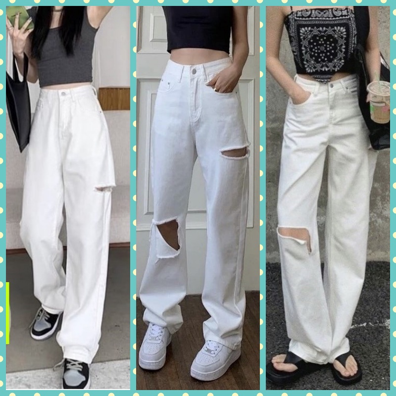 [ ĐỦ KIỂU ] QUẦN JEANS ỐNG RỘNG NỮ LƯNG CAO MÀU TRẮNG, ĐEN, ĐỦ KIỂU RÁCH CAO CẤP NITIQC CHẤT VẢI DÀY DẶN