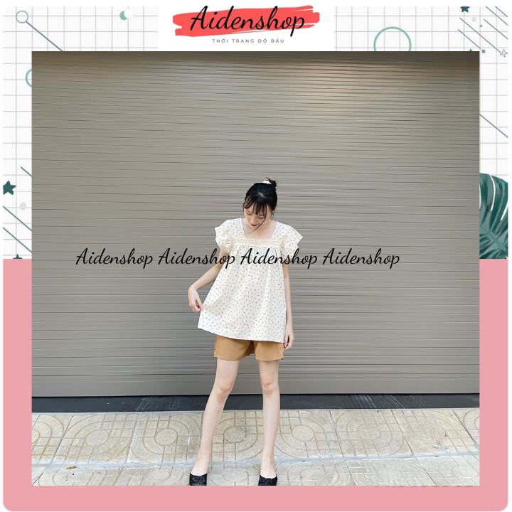 Bộ bầu thời trang đẹp mặc nhà màu trắng kem hoa nhí bộ đùi chất đẹp mát