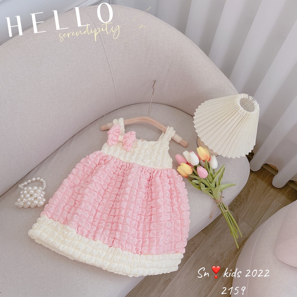 Váy cho bé gái xốp hồng 2 dây đính nơ 8-22kg
