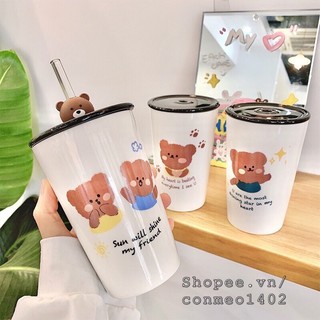 Cốc sứ hình gấu có ống hút - bình nước bình giữ nhiệt