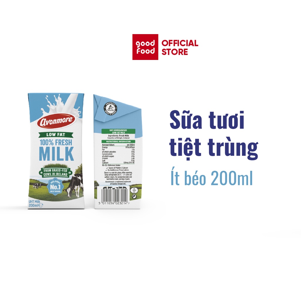 Sữa tươi ít béo tiệt trùng (không đường) Avonmore UHT Low Fat Milk 200ml giàu chất dinh dưỡng tốt cho sức khỏe (1 hộp)