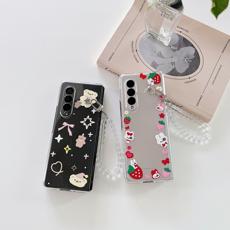 Ốp Điện Thoại Chống Sốc Vẽ Hình Dâu Tây / Thỏ / Gấu Có Dây Xích Treo Nửa Cho Samsung Galaxy Fold 3 5