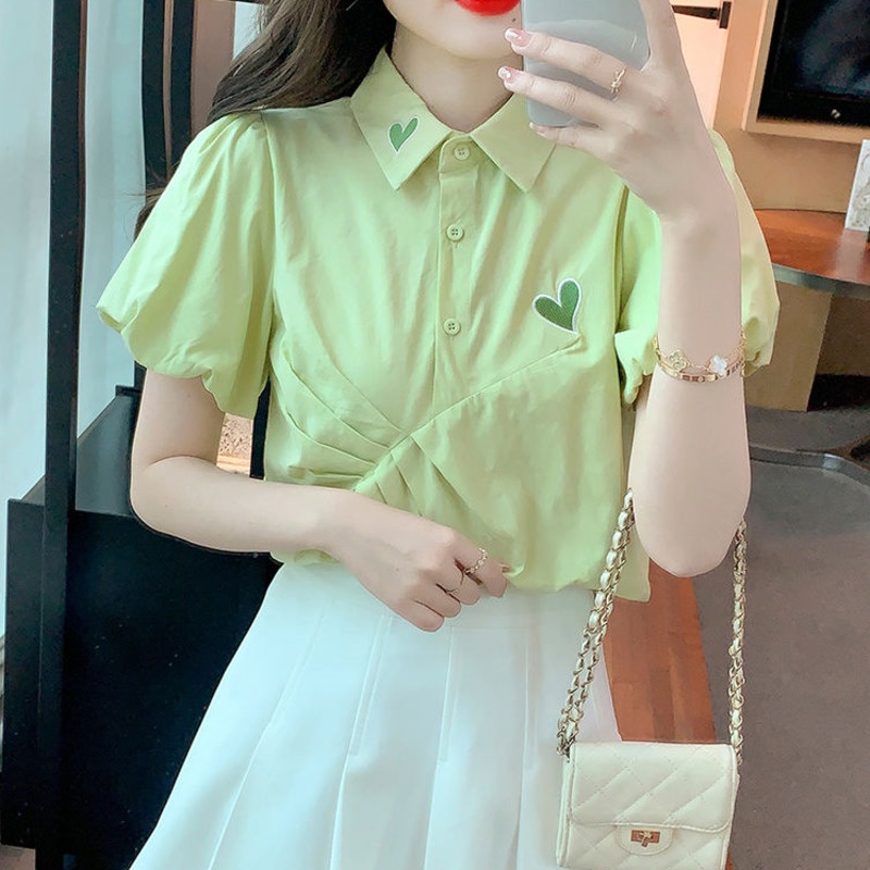 Áo sơ mi Pure Cube tay ngắn phồng thêu họa tiết trái tim thêu phong cách phương tây cao cấp