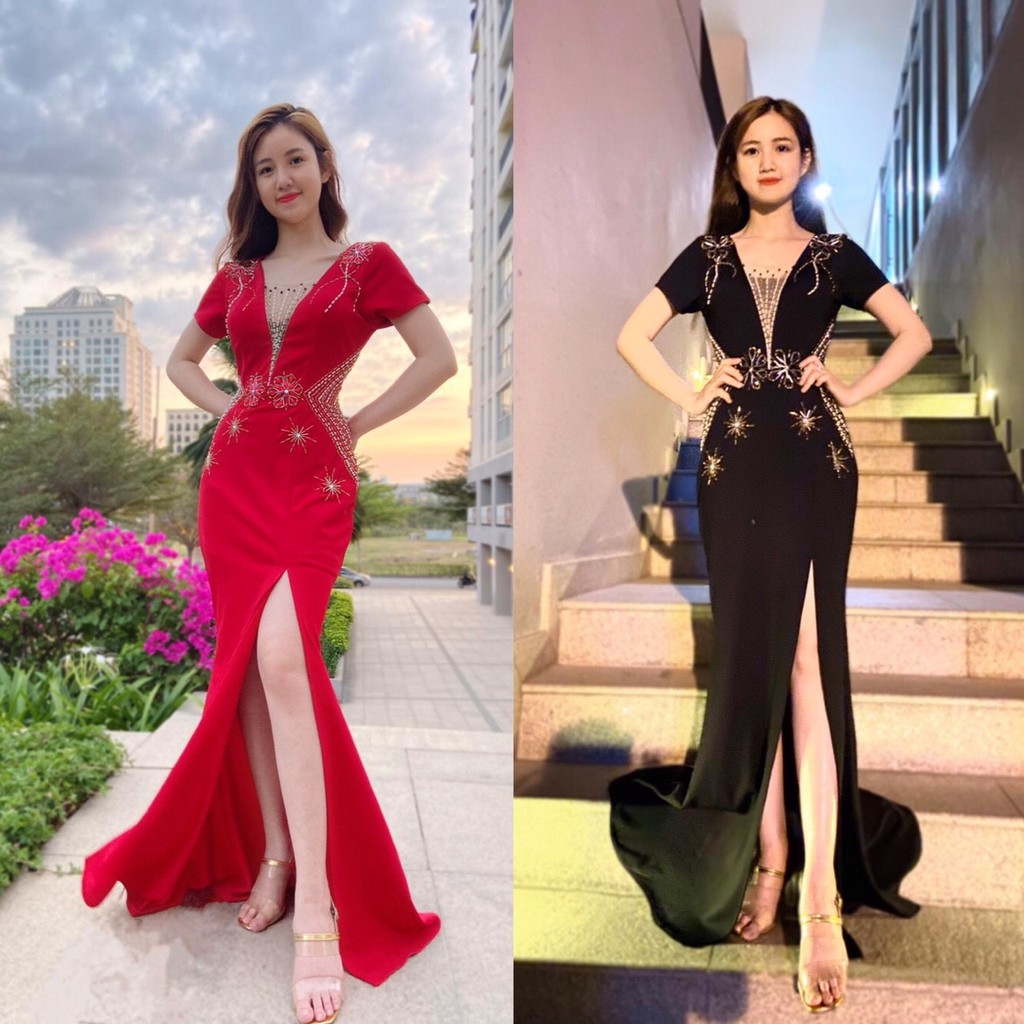 Đầm dài dự tiệc đính ngọc thiết kế tay con xẻ tà thanh lịch