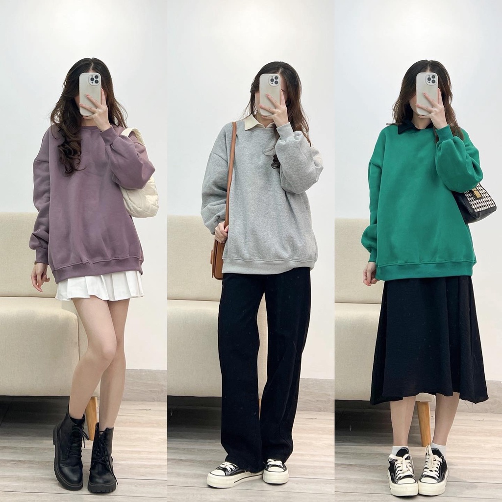 XẢ HÀNG Áo sweater  trơn form rộng nỉ bông dày dặn thời trang Miho house