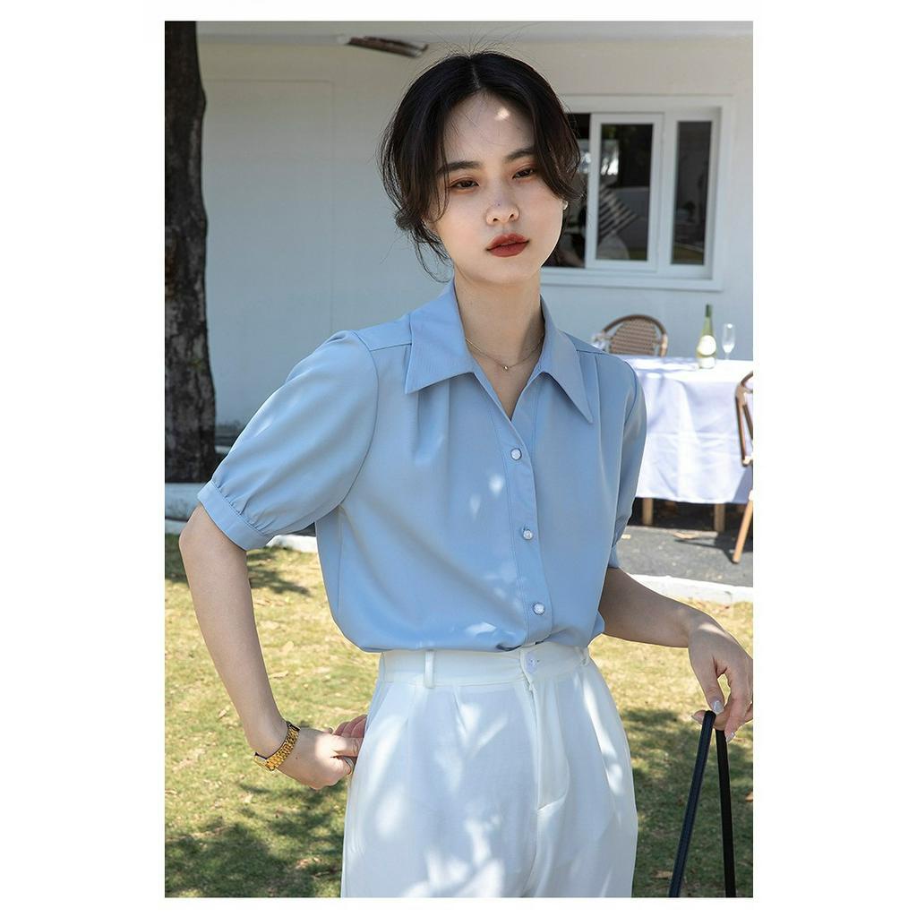 Áo sơ mi nữ cộc tay chất liệu lụa thoáng mát áo sơ mi nữ tay phồng tiểu thư có khuy đính ngọc thanh lịch