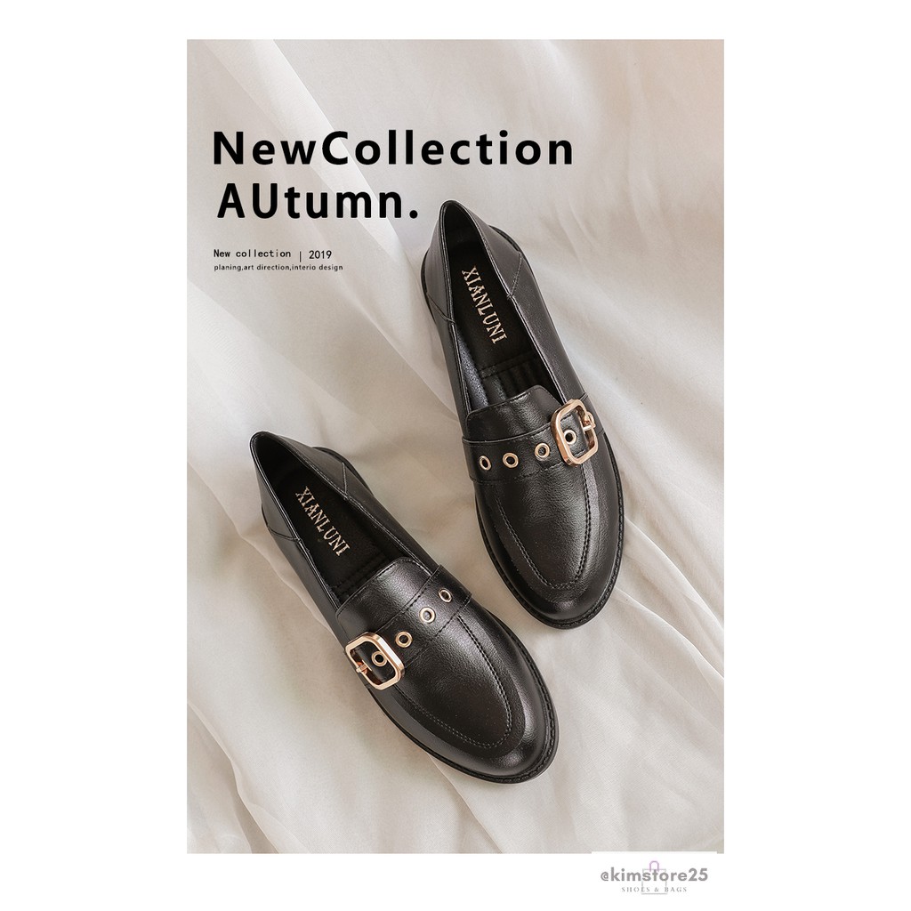 Giày Da Nữ Oxford Kiểu Anh Hai Màu Trắng Đen Mũi Tròn, Giày Lười Loafer Đế Bằng Thời Trang