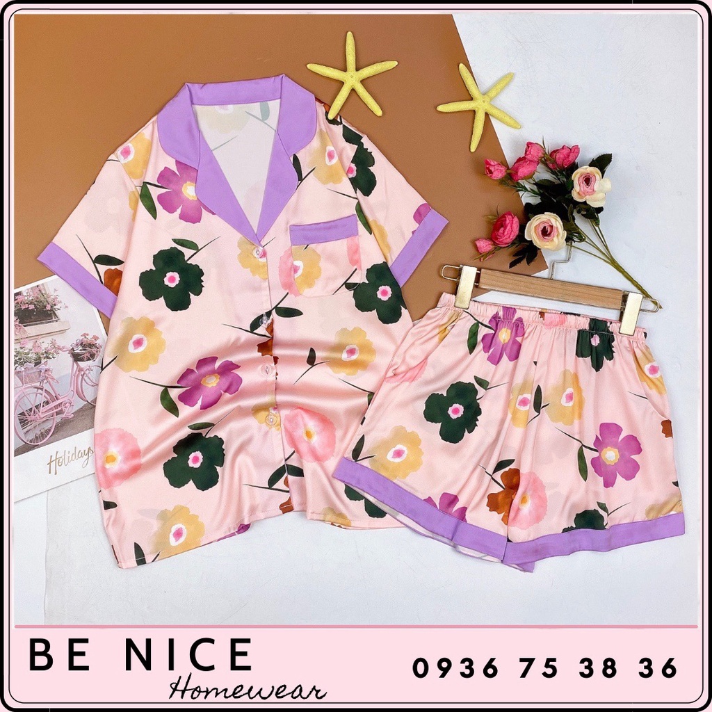 Set short pijama lụa phối cổ màu nhiều họa tiết, Be Nice Homewear