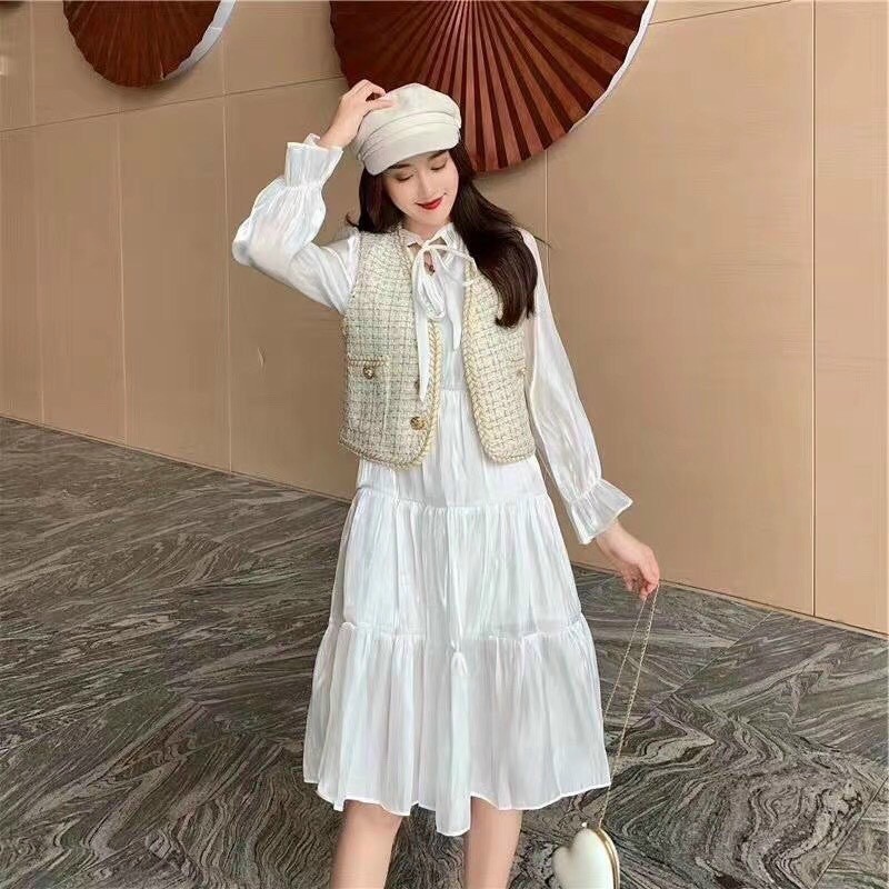 Set áo gile dạ váy tơ tầng cổ nơ