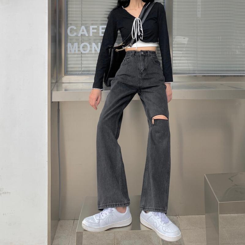 Xiaozhainv Quần Denim Nữ Lưng Cao Rách Gối Cá Tính Phong Cách Hàn Quốc
