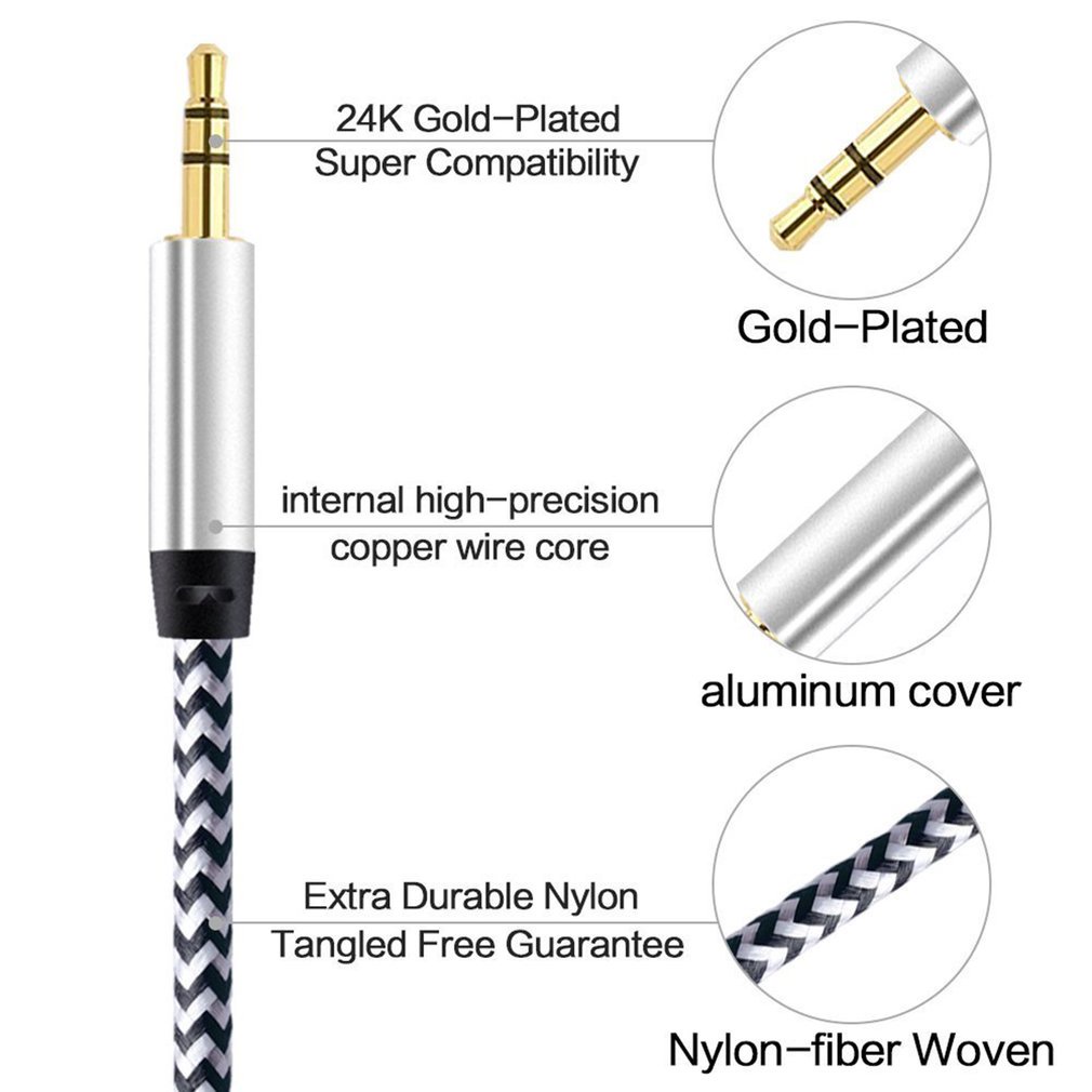 Dây cáp âm thanh sợi nylon bện đầu cắm 3.5mm dài 1m vỏ bằng kim loại