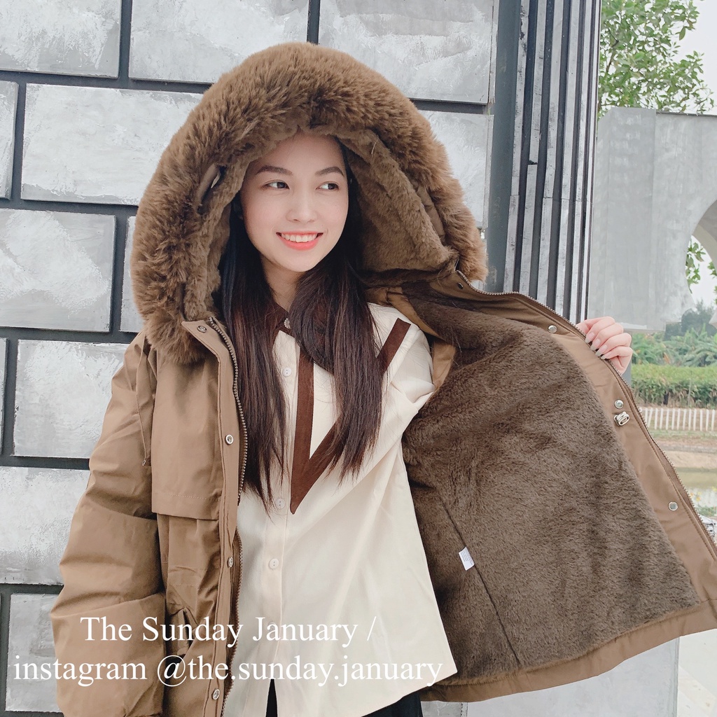 Parka lót lông màu be/ Mũ lông thỏ/ nặng 1kg/ Ảnh thật