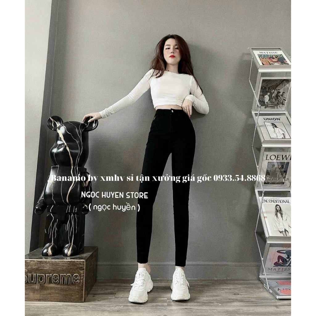Quần jean nữ đen trơn cạp cao siêu co giãn chất đẹp thời trang Banano fashion bò ôm đen trơn 768