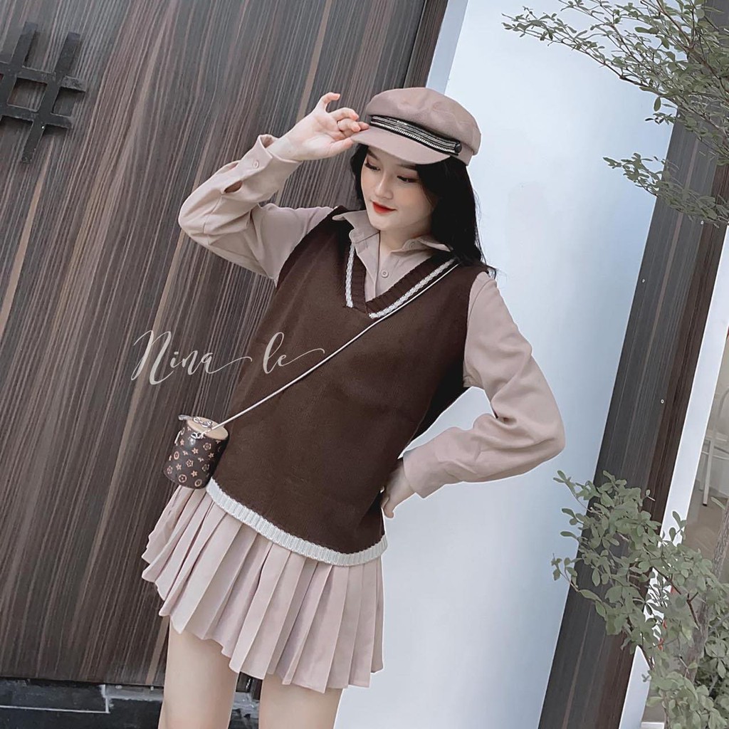 SET ĐẦM SƠMI NUDE PHỐI CHÂN XẾP LI + ÁO GILE NÂU VIỀN