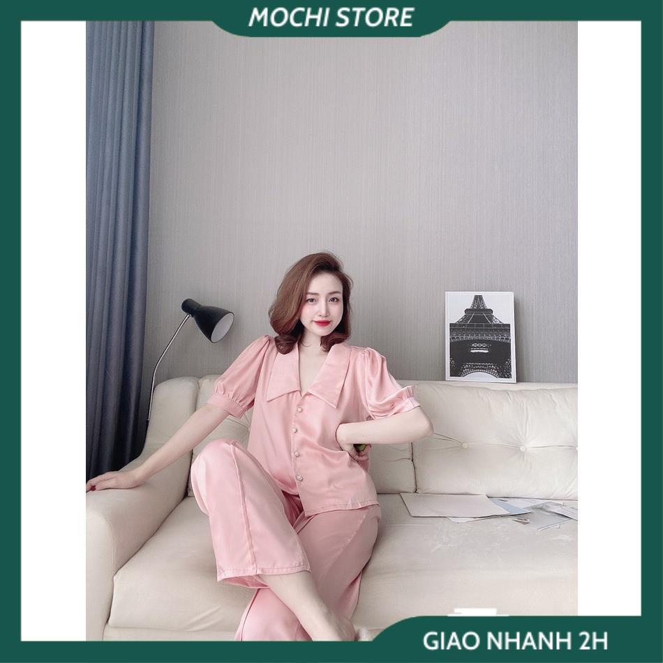 Bộ Ngủ, Đồ Ngủ Lụa Satin Áo Cổ Sen Tay Cộc Quần Dài Màu Trơn Chất Lụa Satin Cao Cấp Thời Trang Mặc Nhà Sang Chảnh. | BigBuy360 - bigbuy360.vn