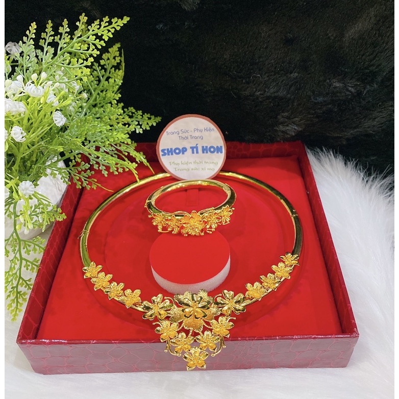 Set 1 vòng tay hoa 1 kiềng hoa cưới cô dâu mạ vàng 24 cao cấp mẫu mới về ( có tặng kèm hộp nhung đỏ đựng cưới )