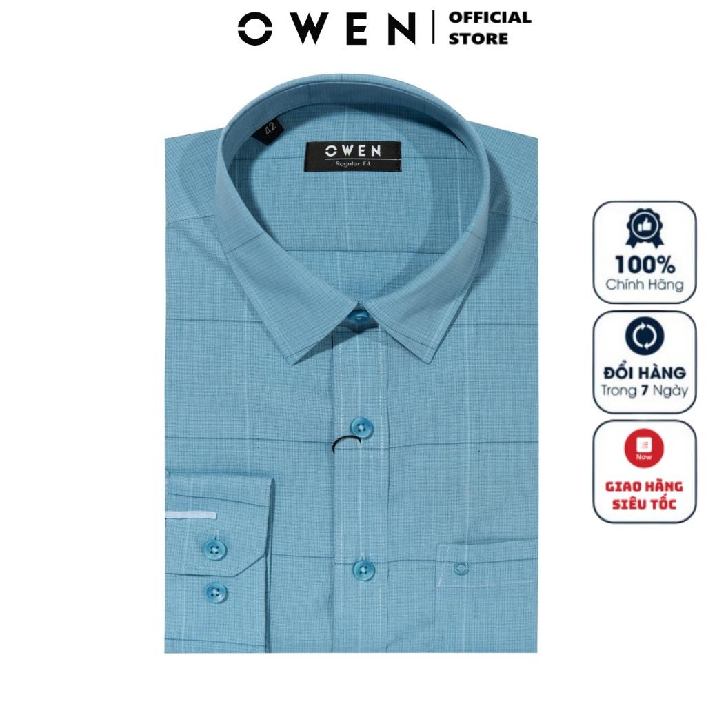 Áo Sơ Mi Nam Dài Tay OWEN AR220794DT Somi Công Sở Sợi Microfiber Cao Cấp màu kẻ caro xanh đậm Dáng Regular Fit Tà Lượn