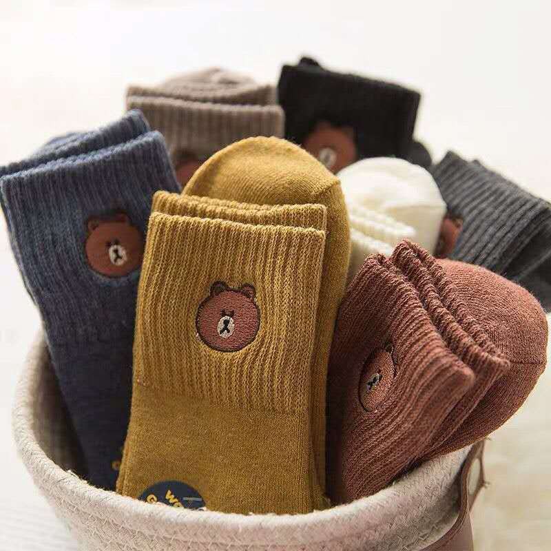 Tất cổ cao họa tiết hình gấu dễ thương phong cách Vintage cotton dày cho nữ BEAR DOLLY SECRET T03