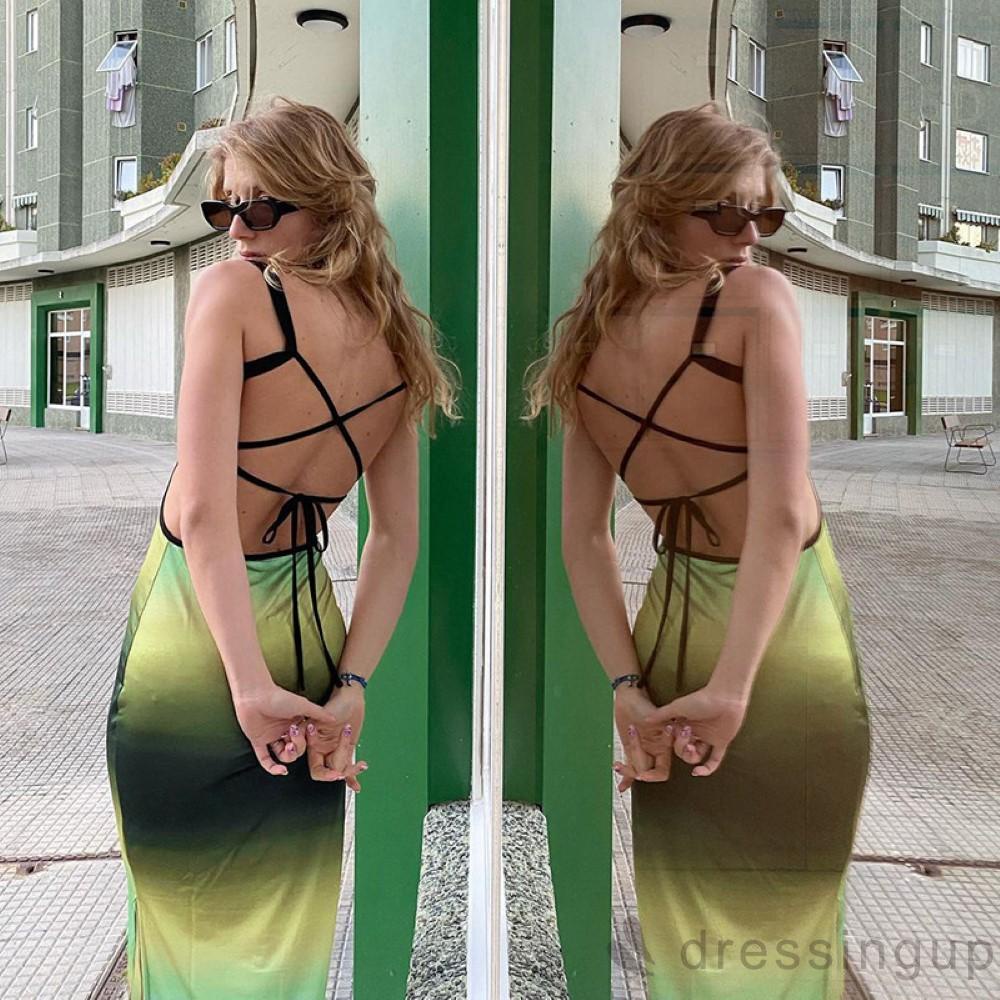 DRE-Women Midi Dress,Suspender Sleeveless Cross Tie-up Bandage Open Back Gradient Contrast Color Dresses