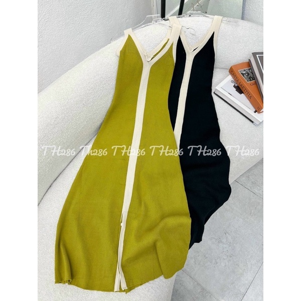 Váy maxi len hai dây bản to phối viền xẻ tà siêu sang chảnh V046