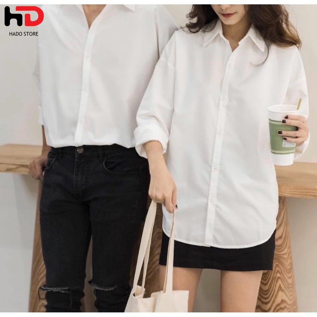 Áo sơ mi nam nữ dài tay Unisex Basic TRƠN Form rộng màu trắng và đen Chất cotton lụa mịn mát Bigsize HADO Store