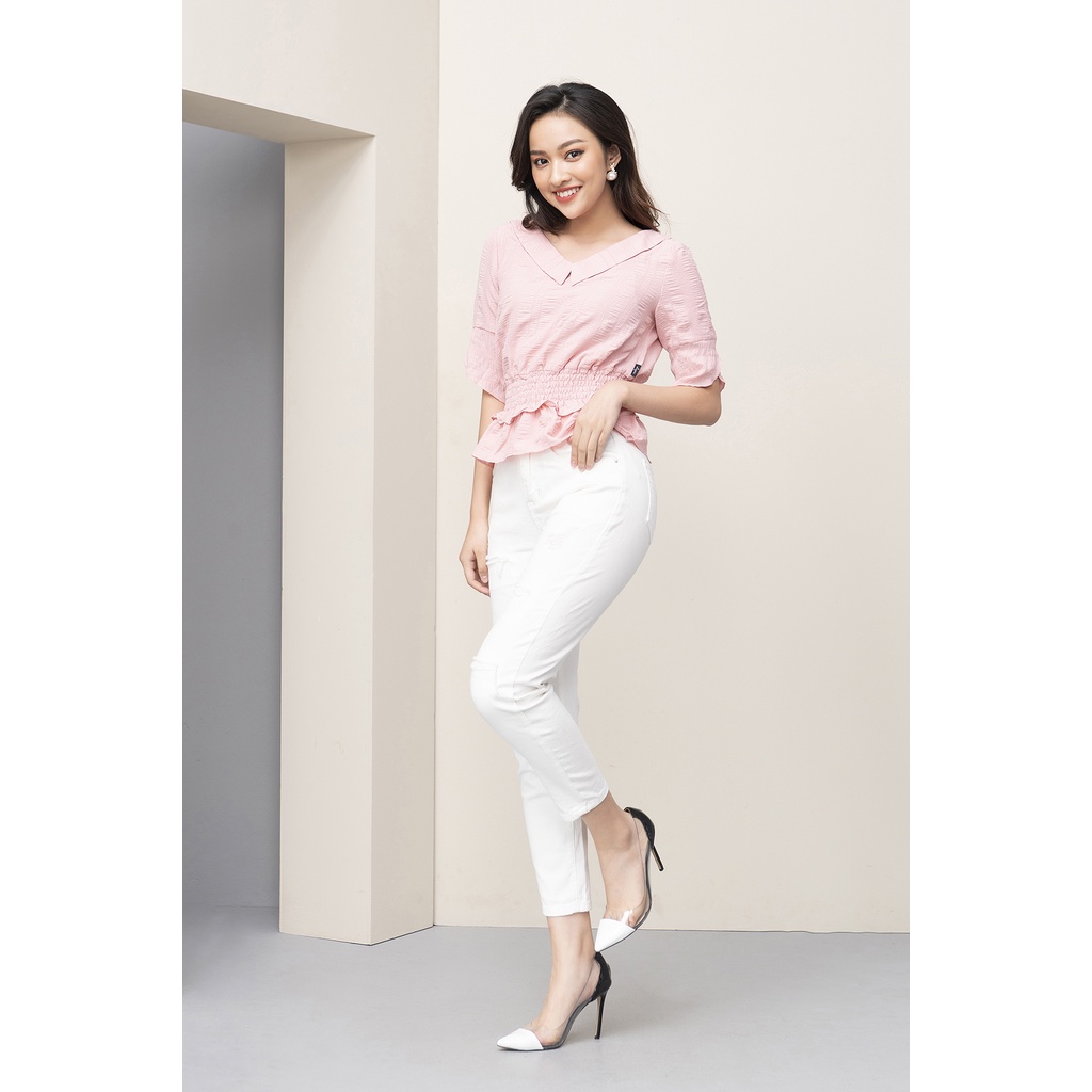 Áo sơ mi nữ công sở  cổ V tay lỡ bo gấu bánh bèo cao cấp LUPERI LFSM1176