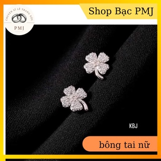 bông tai bạc nữ cỏ 4 lá gắn đá trắng nổi bật siêu xinh 💥FREESHIP💥chuẩn bạc đẹp-bạc pmj