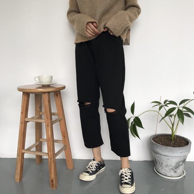 (Sẵn) quần baggy ulzzang quần nữ đẹp jean rách quần jeans ống rộng bò mềm đen ...