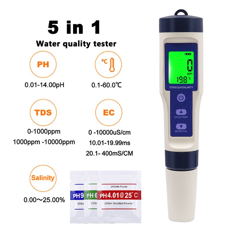 Thiết Bị Kiểm Tra Độ PH TDS / EC / PH / Salinity / Nhiệt Độ Nước 5 Trong 1
