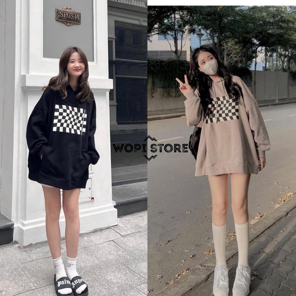 Áo Hoodie Tay Dài Phối CARO Vải Nỉ Bông Form Rộng Ulzzang Unisex | BigBuy360 - bigbuy360.vn