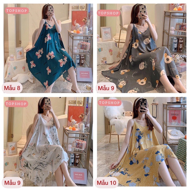 Váy ngủ Cotton lụa - lanh Quảng Châu hai dây giạ tiết trẻ trung, thời trang | BigBuy360 - bigbuy360.vn