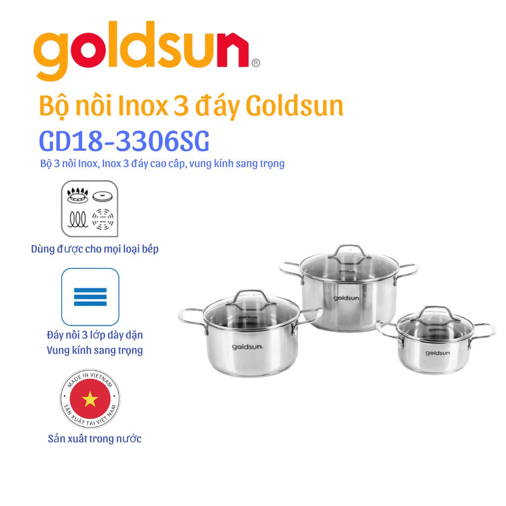 Bộ nồi inox Goldsun GD18-3306SG ( Vung kính )