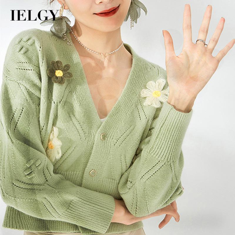 Áo khoác cardigan IELGY dệt kim cổ chữ V trang trí hoa ba chiều thời trang dành cho nữ