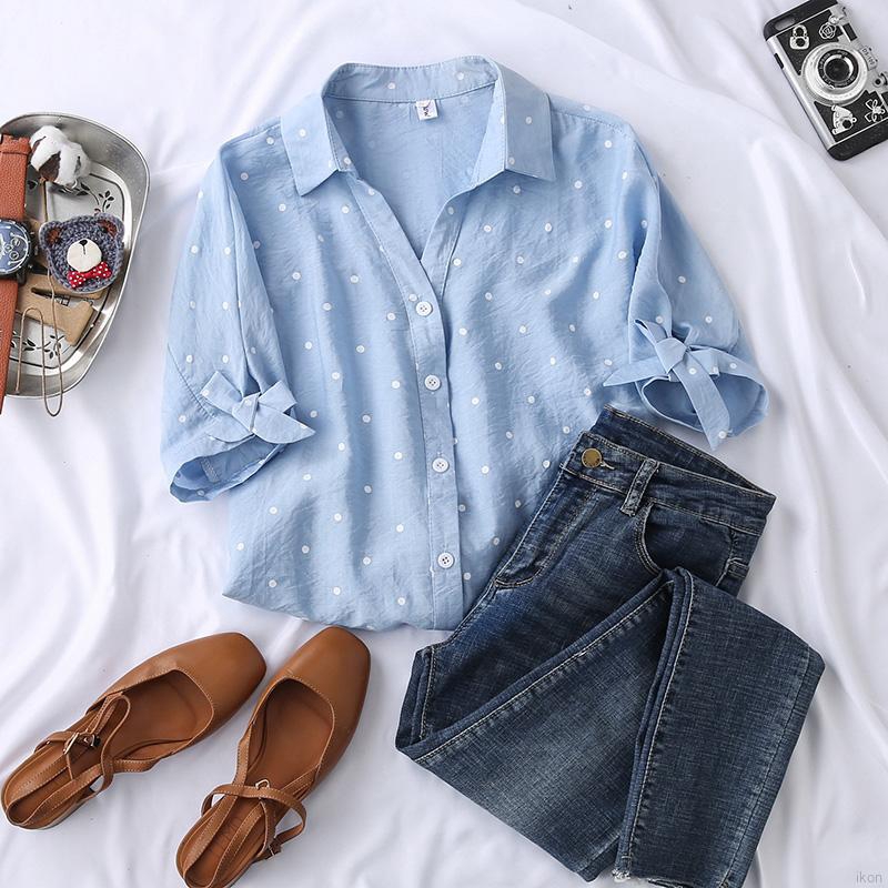 Áo Chiffon Nữ Tay Dài Họa Tiết Chấm Bi