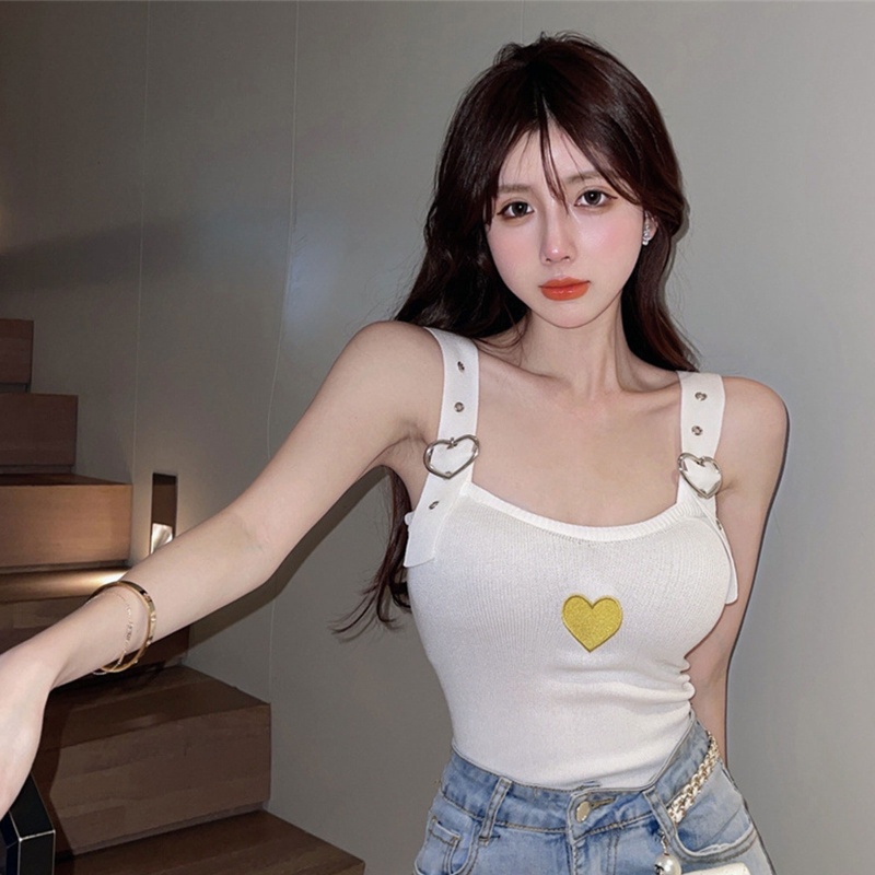 Áo Croptop Dệt Kim Hai Dây Cài Khóa Kim Loại Thêu Họa Tiết Trái Tim Xinh Xắn Cho Nữ