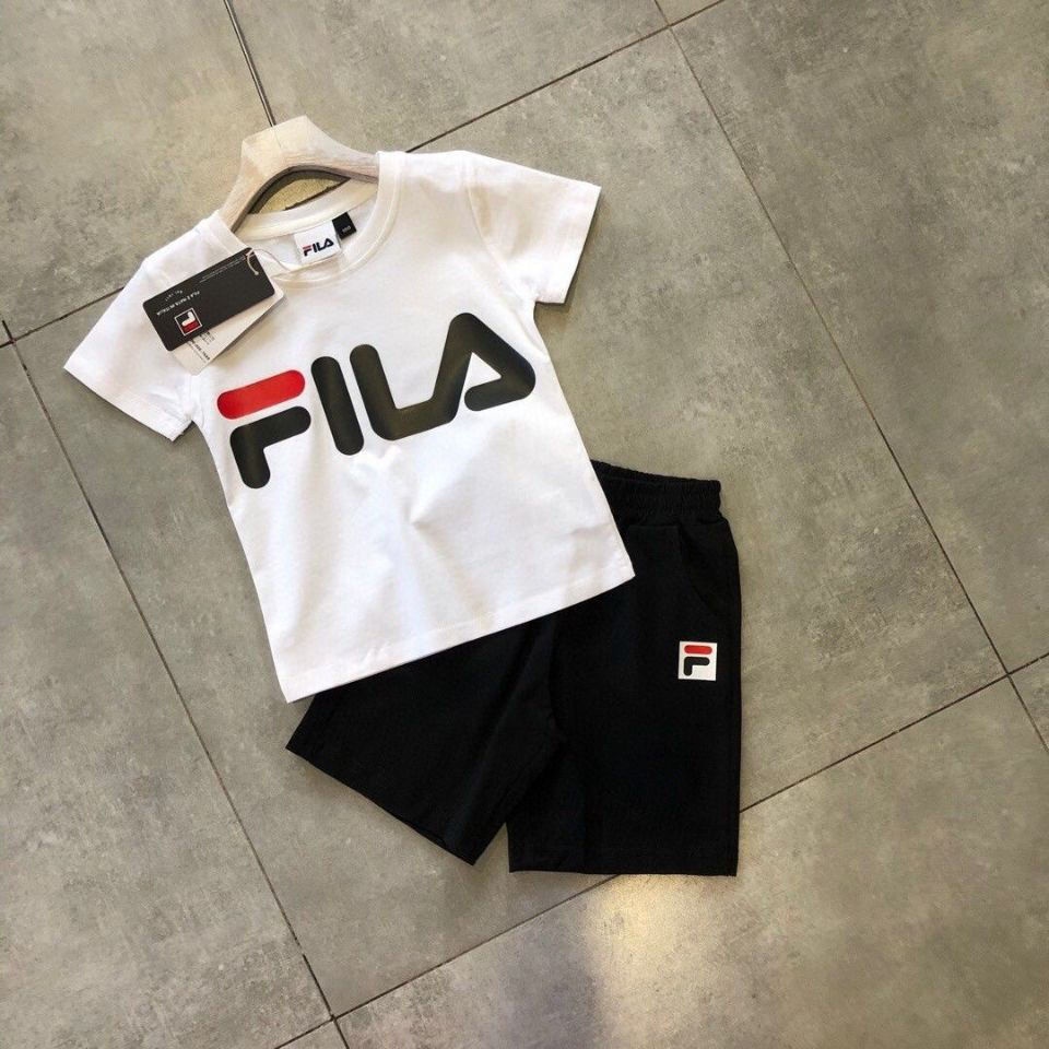 Fila Set Đồ 2 Món Gồm Áo Thun Tay Ngắn Cổ Tròn + Quần Short Vải Cotton Thời Trang Cho Bé 2-13 Tuổi