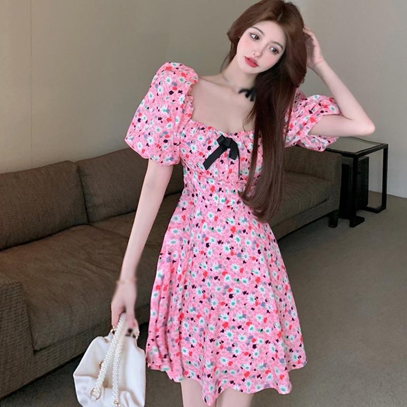 Đầm Tay Ngắn Cổ Vuông Họa Tiết Hoa Phối Nơ Xinh Xắn Phong Cách Pháp